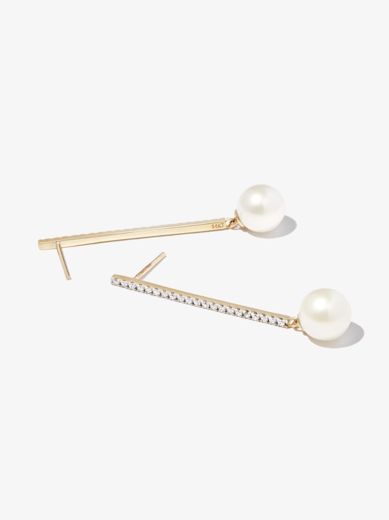 14k Yellow Gold Diamond Pearl Drop Earrings