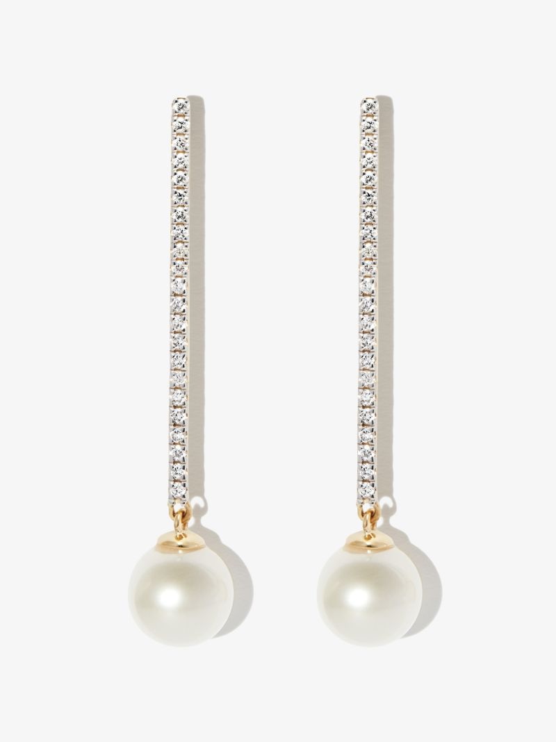 14k Yellow Gold Diamond Pearl Drop Earrings