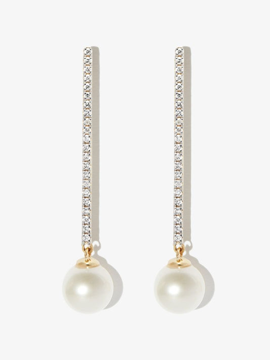 14k Yellow Gold Diamond Pearl Drop Earrings