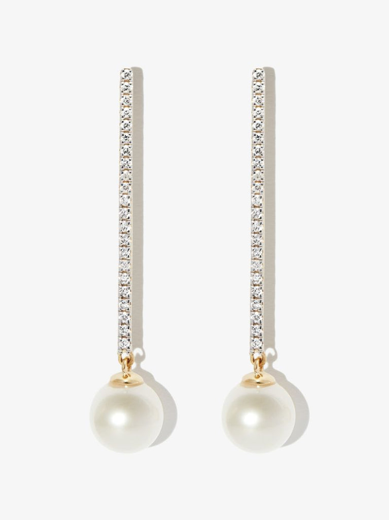 14k Yellow Gold Diamond Pearl Drop Earrings