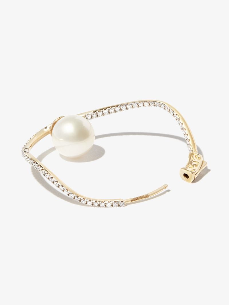 14k Yellow Gold Wave Diamond Pearl Hoop Earrings