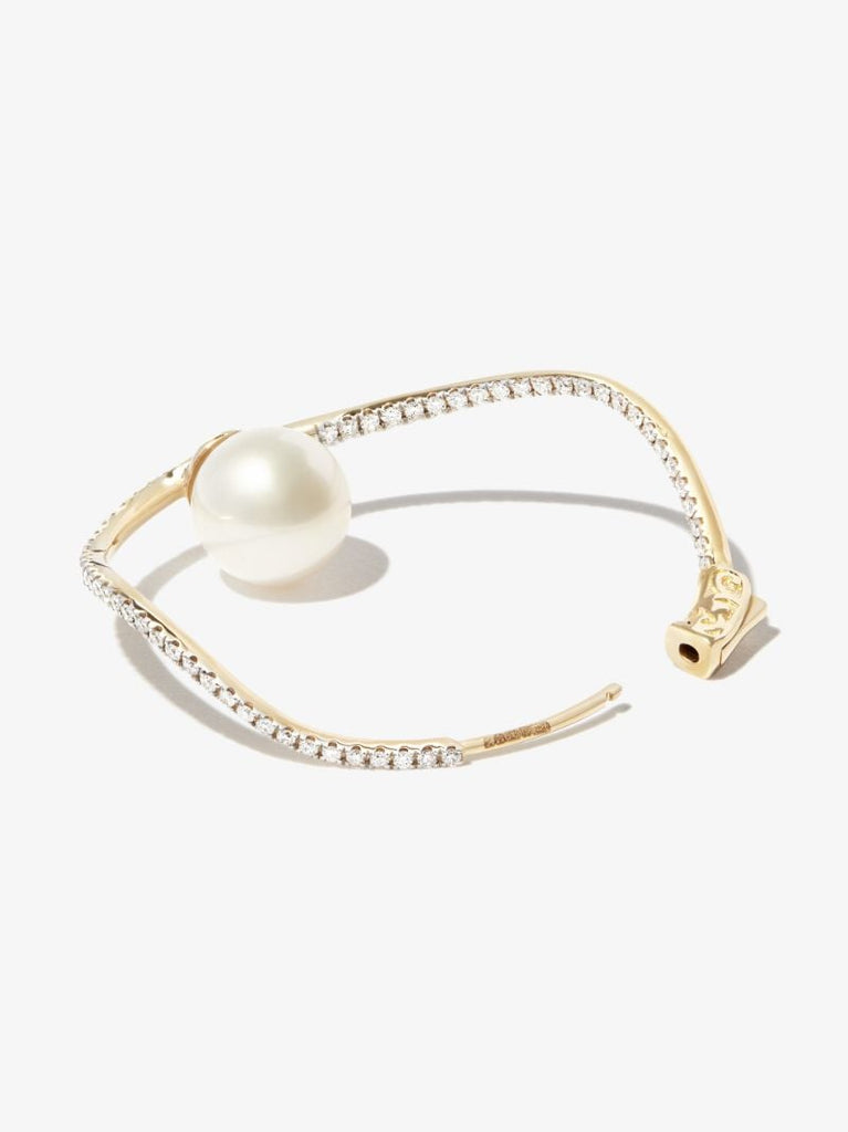 14k Yellow Gold Wave Diamond Pearl Hoop Earrings
