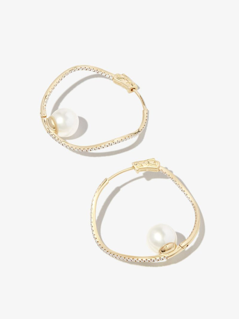 14k Yellow Gold Wave Diamond Pearl Hoop Earrings