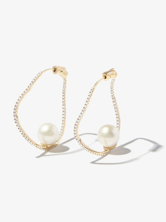 14k Yellow Gold Wave Diamond Pearl Hoop Earrings