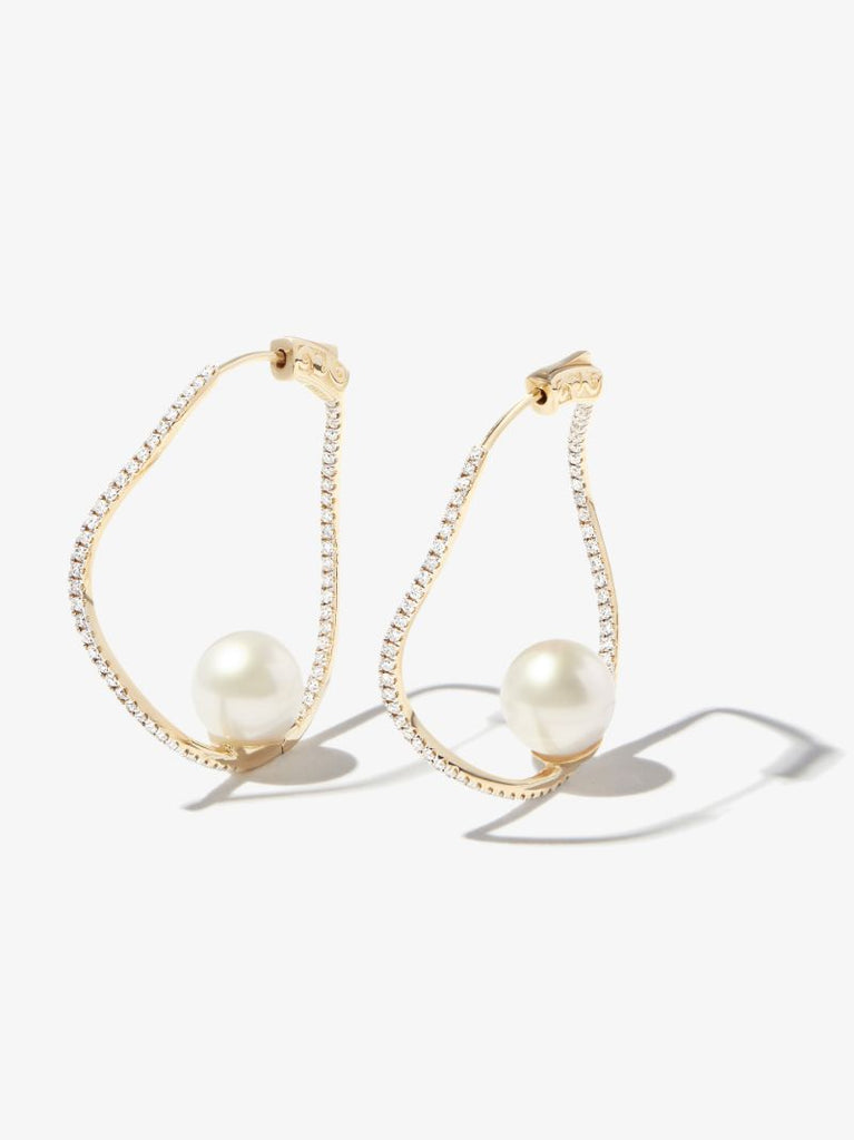 14k Yellow Gold Wave Diamond Pearl Hoop Earrings