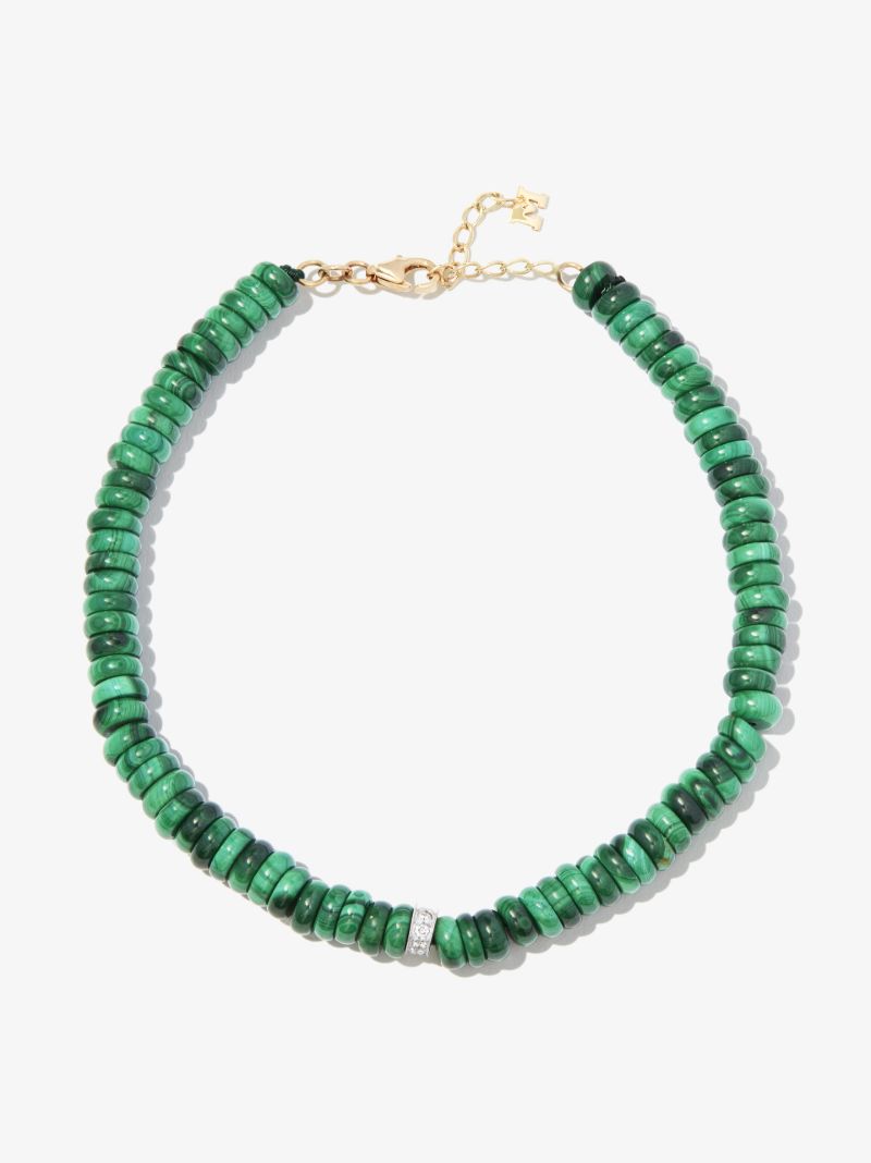 14k Yellow Gold Malachite Diamond Beaded Bracelet