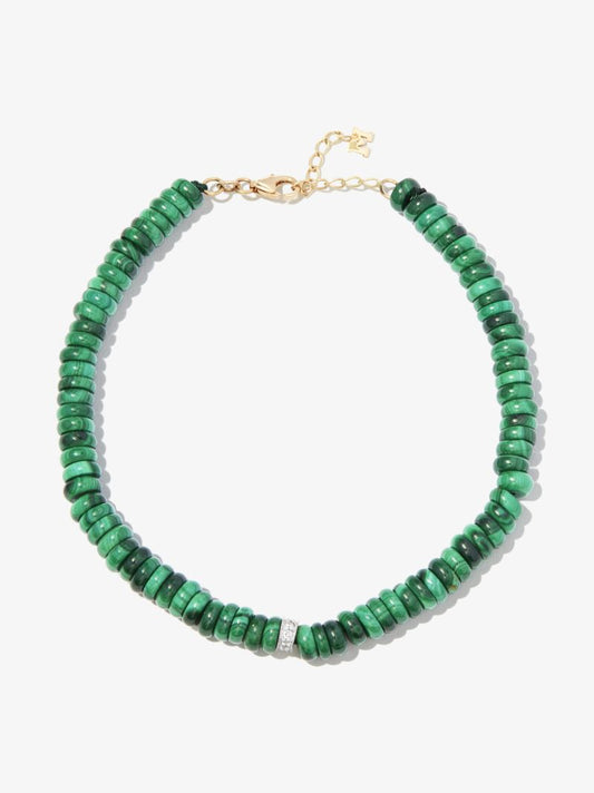 14k Yellow Gold Malachite Diamond Beaded Bracelet