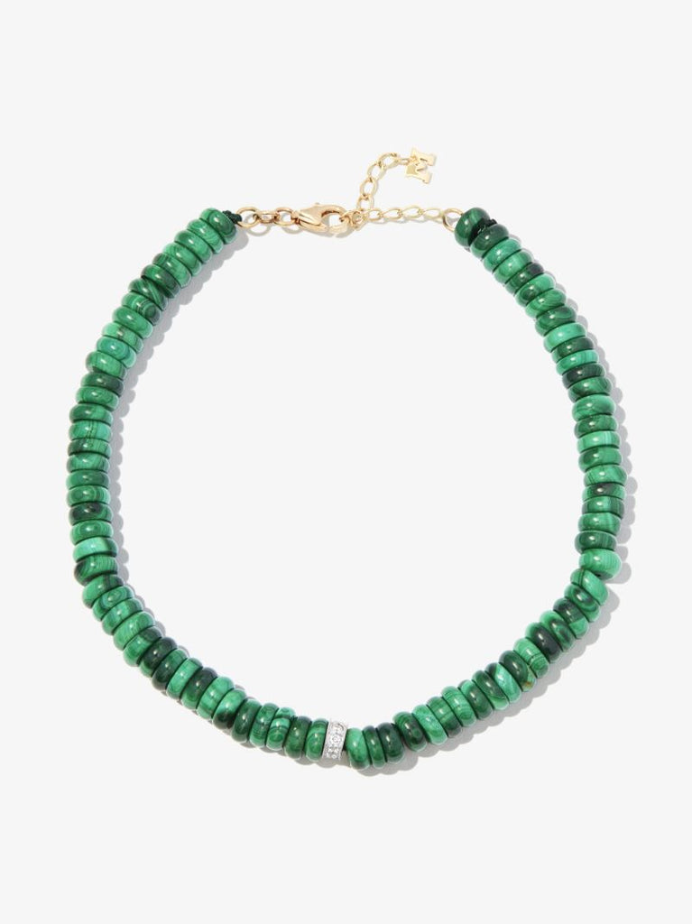 14k Yellow Gold Malachite Diamond Beaded Bracelet