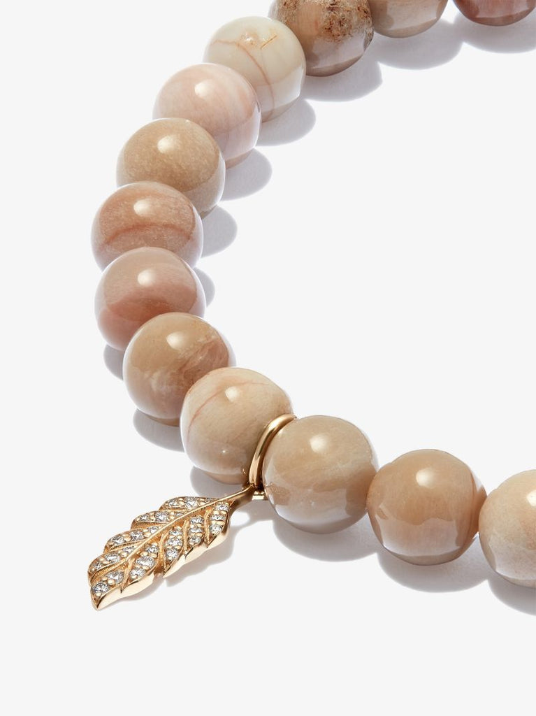 14k Yellow Gold Feather Wood Diamond Beaded Bracelet