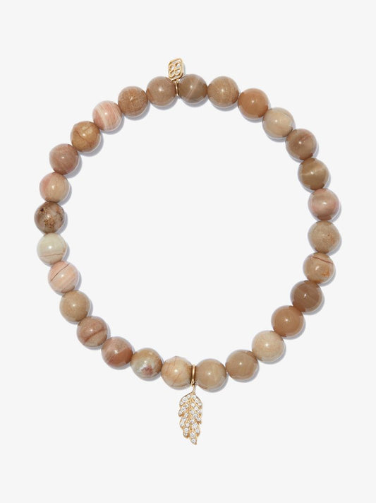 14k Yellow Gold Feather Wood Diamond Beaded Bracelet