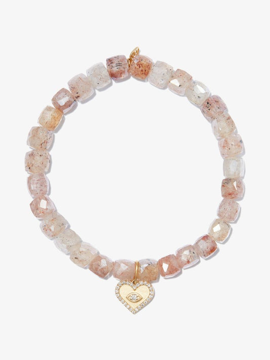 14k Yellow Gold Heart Quartz Diamond Beaded Bracelet