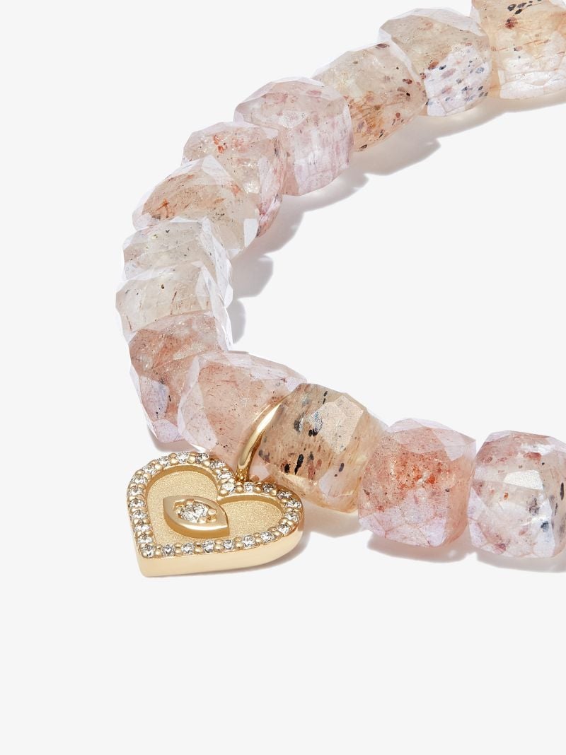 14k Yellow Gold Heart Quartz Diamond Beaded Bracelet