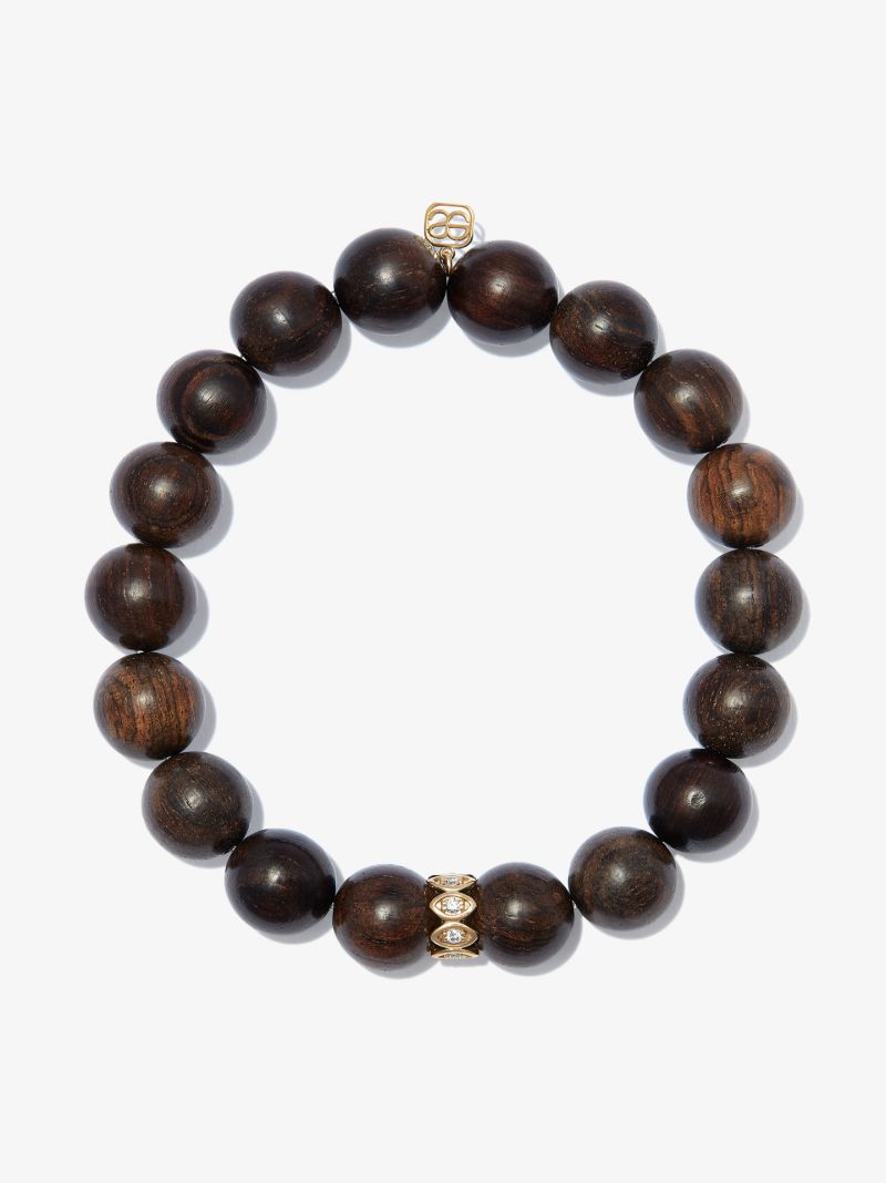 14k Yellow Gold Evil Eye Wood Diamond Beaded Bracelet
