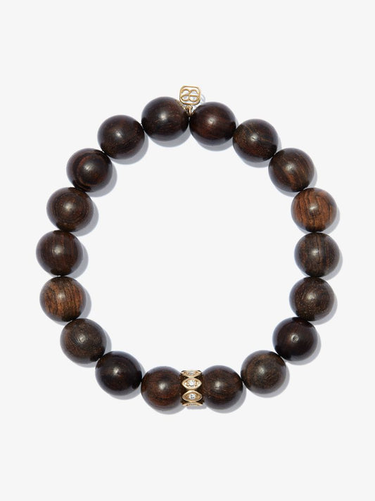 14k Yellow Gold Evil Eye Wood Diamond Beaded Bracelet
