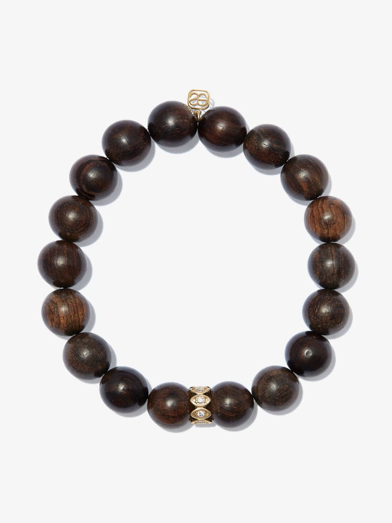 14k Yellow Gold Evil Eye Wood Diamond Beaded Bracelet