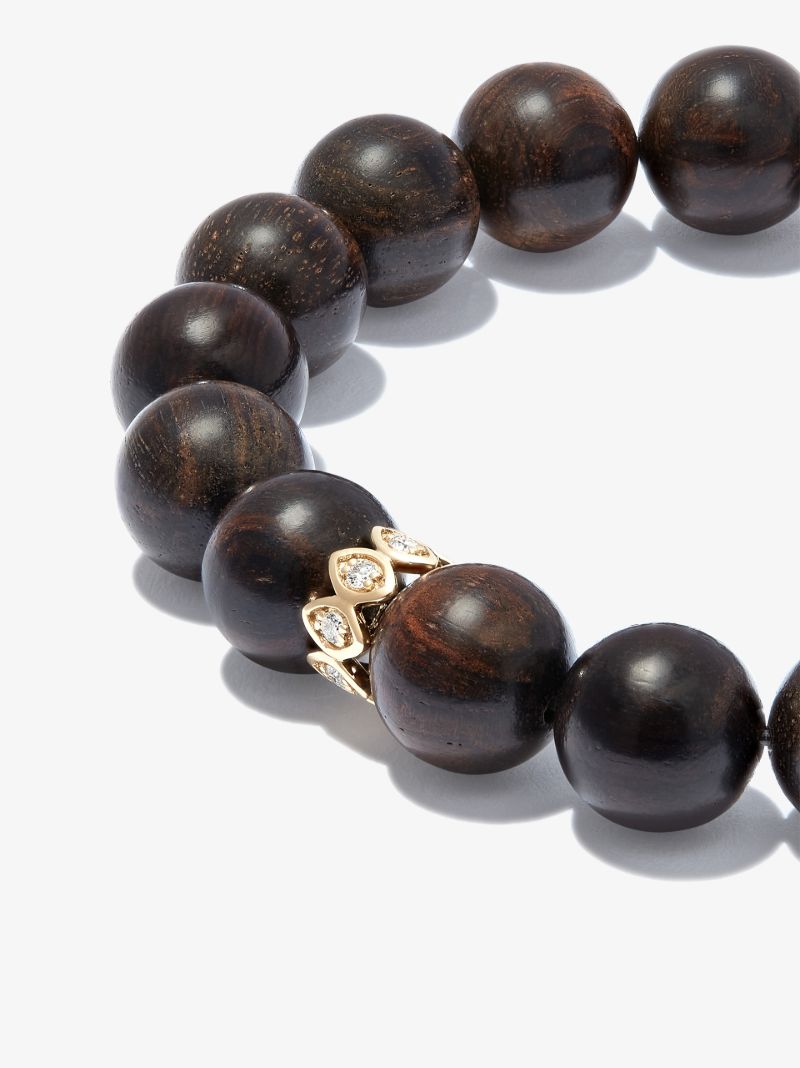 14k Yellow Gold Evil Eye Wood Diamond Beaded Bracelet