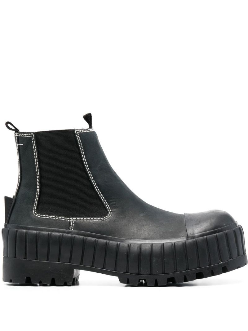 Black Vulcanized Leather Ankle Boots