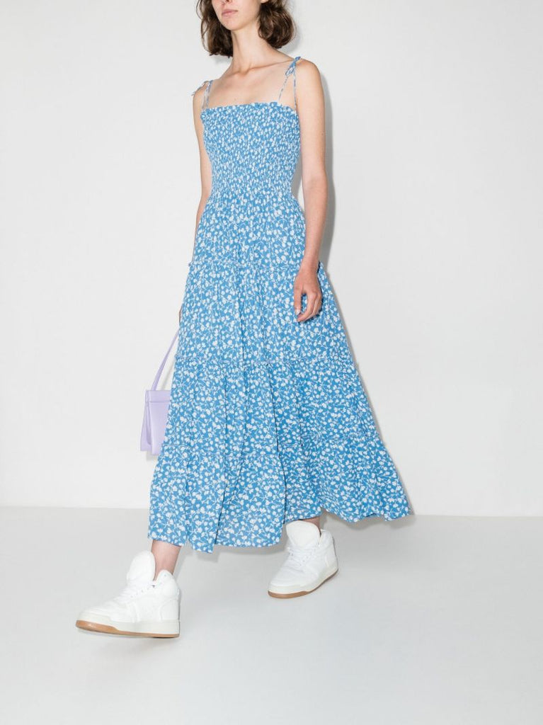 Nira Floral Print Tiered CrÃ_x0083_Âªpe Midi Dress