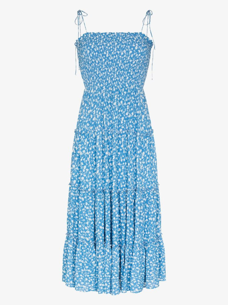 Nira Floral Print Tiered CrÃ_x0083_Âªpe Midi Dress