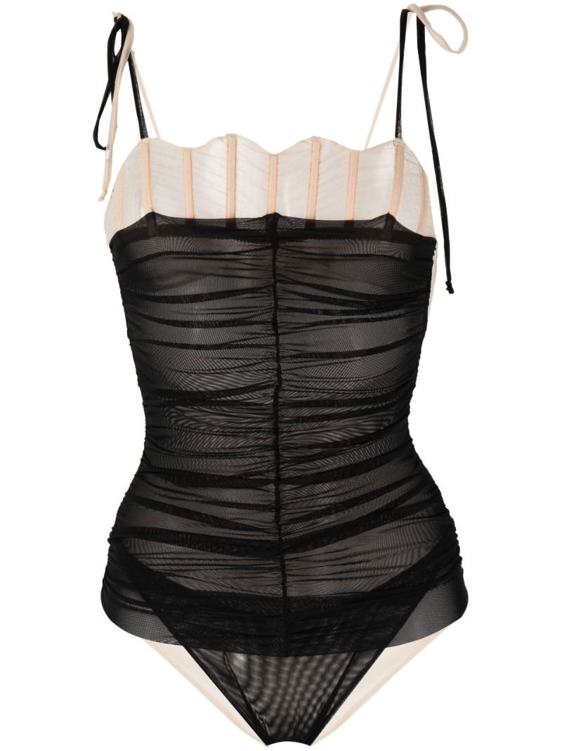Black Ruched Mesh Bodysuit