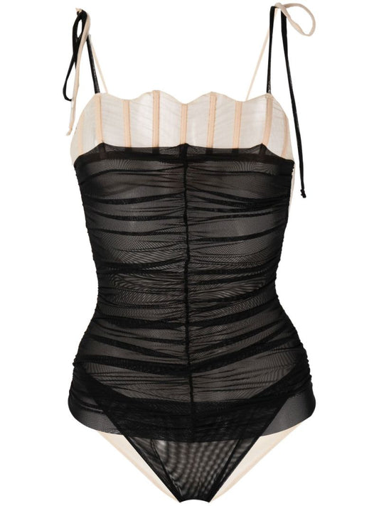 Black Ruched Mesh Bodysuit