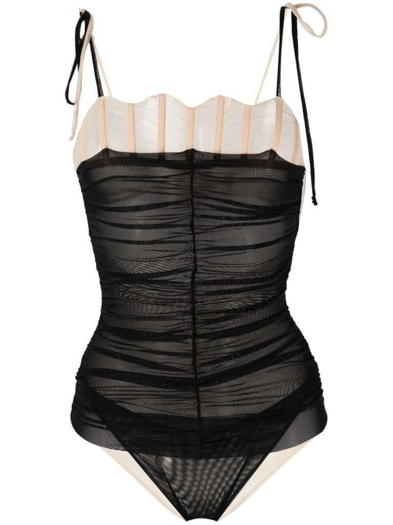 Black Ruched Mesh Bodysuit