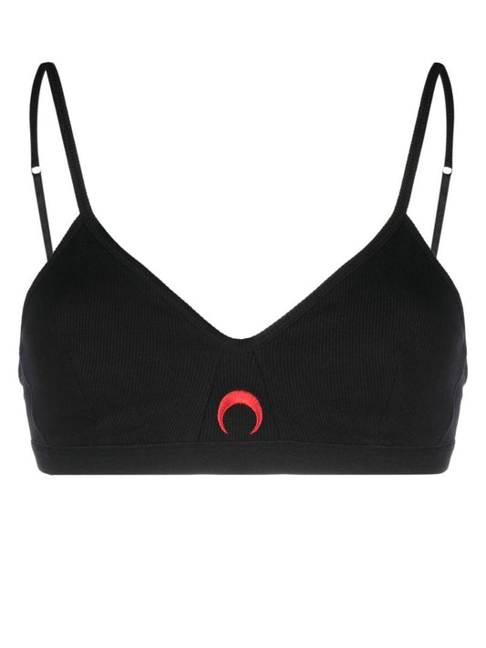 Black Logo Embroidered Ribbed Bra