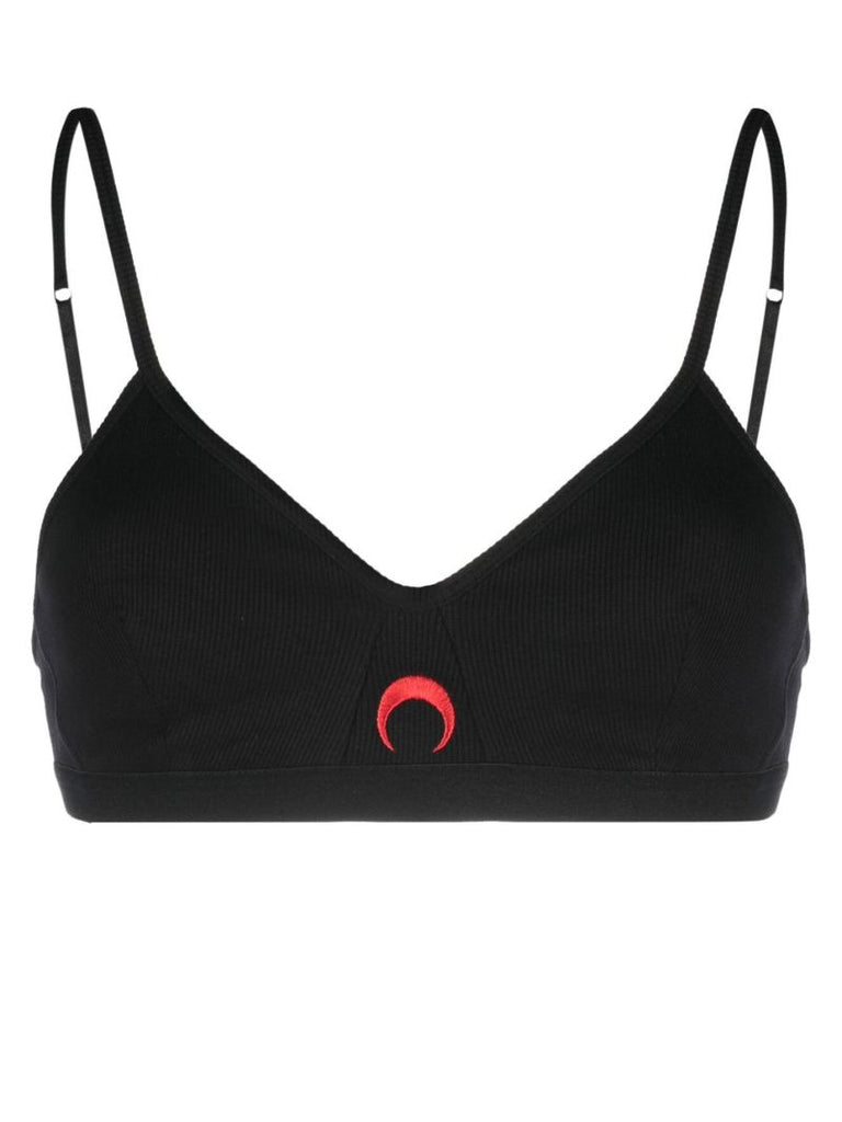 Black Logo Embroidered Ribbed Bra