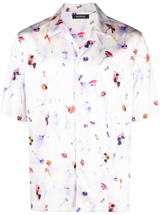 White Mushroom Print Silk Shirt