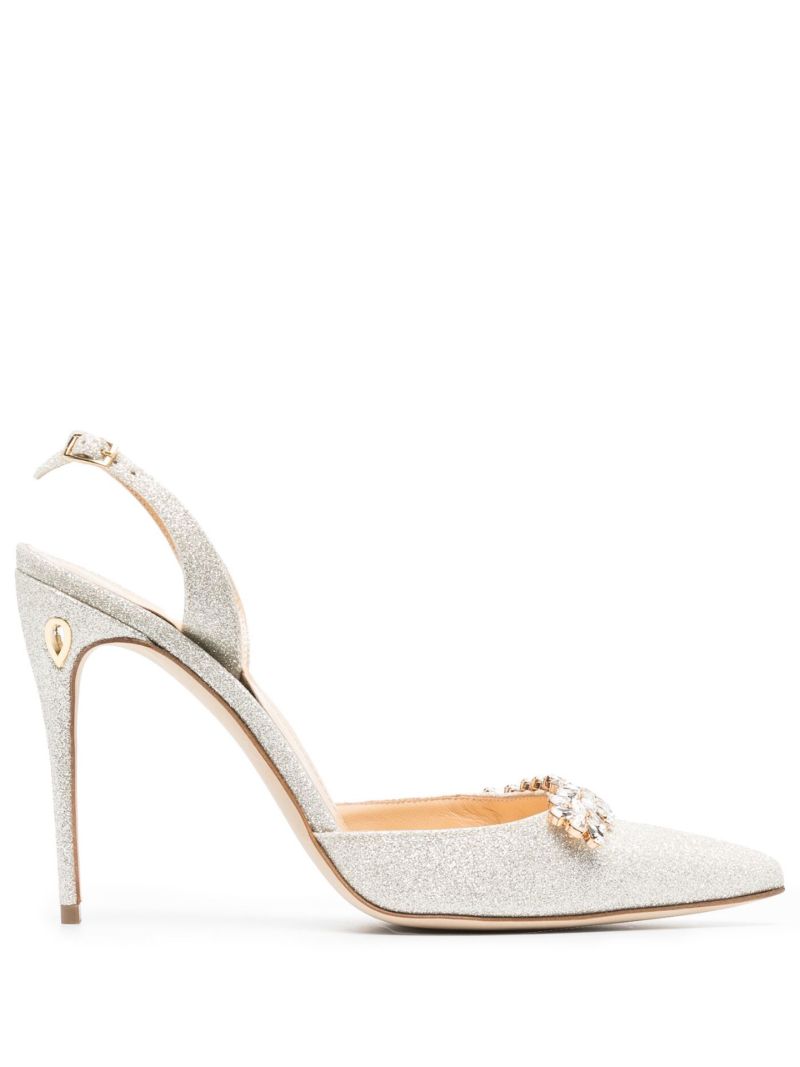 Silver Vittorio 105 Crystal Slingback Leather Pumps