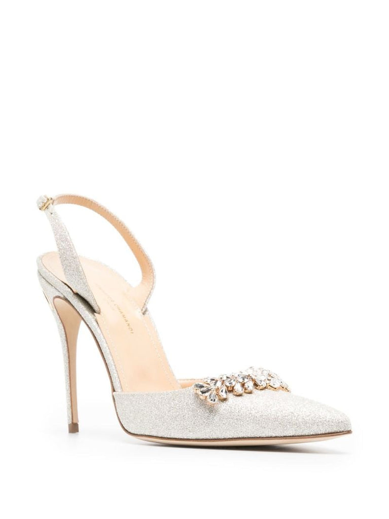 Silver Vittorio 105 Crystal Slingback Leather Pumps