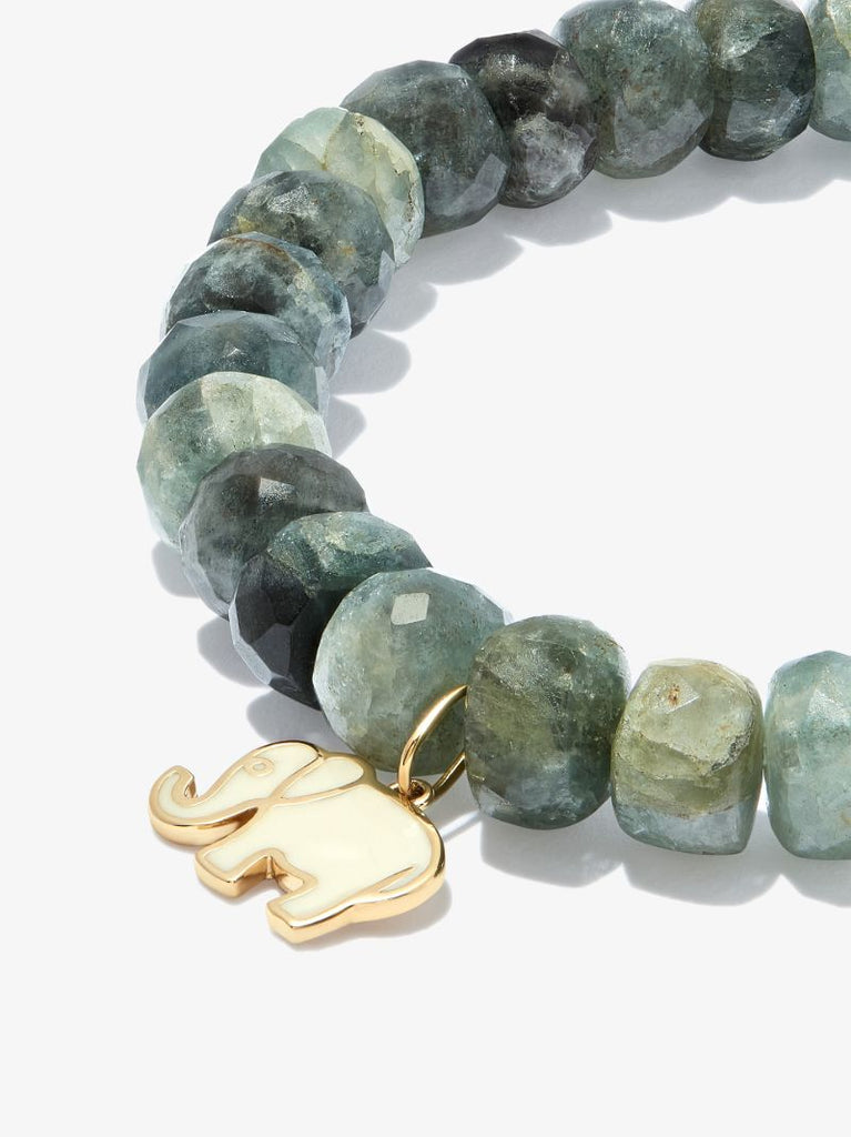 14k Yellow Gold Elephant Aquamarine Beaded Bracelet
