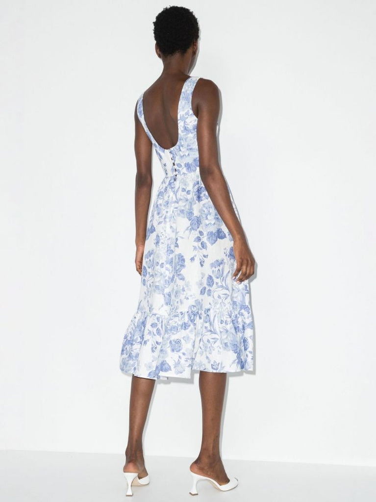 Bucatini Floral Print Linen Midi Dress