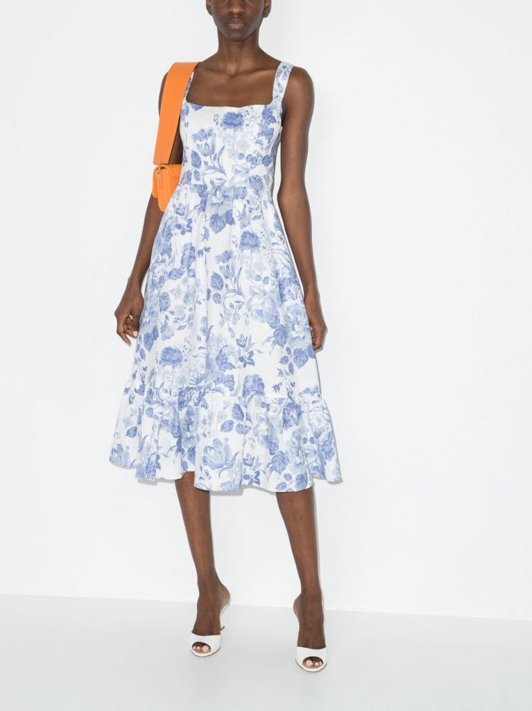 Bucatini Floral Print Linen Midi Dress