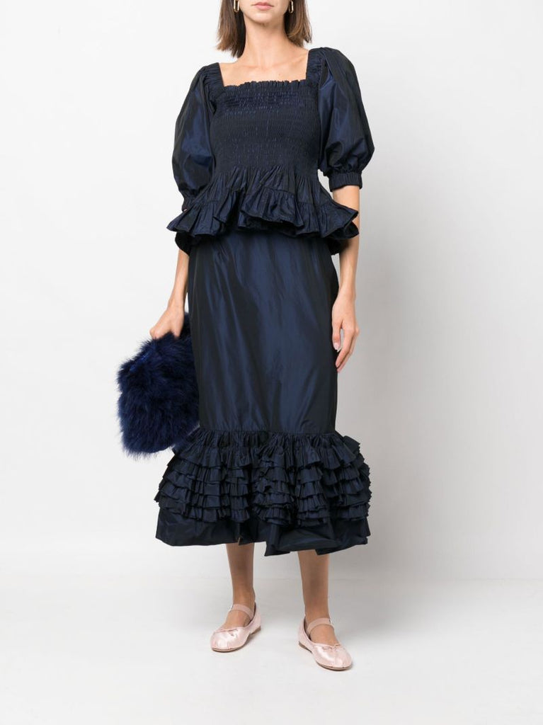 Blue Elise Ruffled Midi Skirt