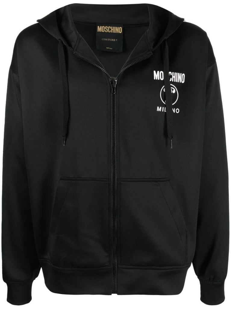 Black Logo Tape Zip Front Hoodie