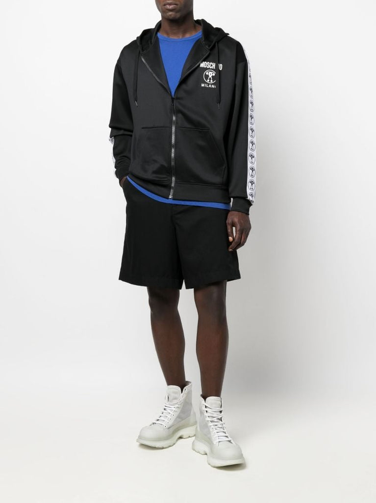 Black Logo Tape Zip Front Hoodie