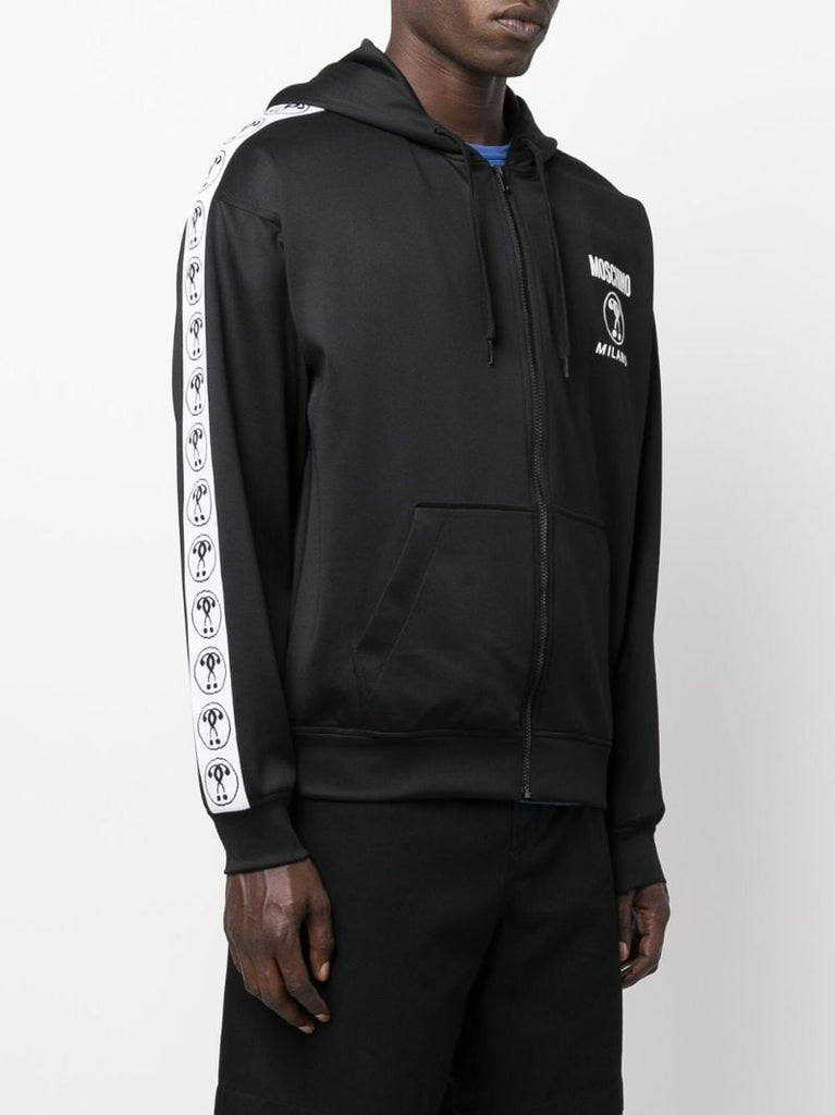 Black Logo Tape Zip Front Hoodie