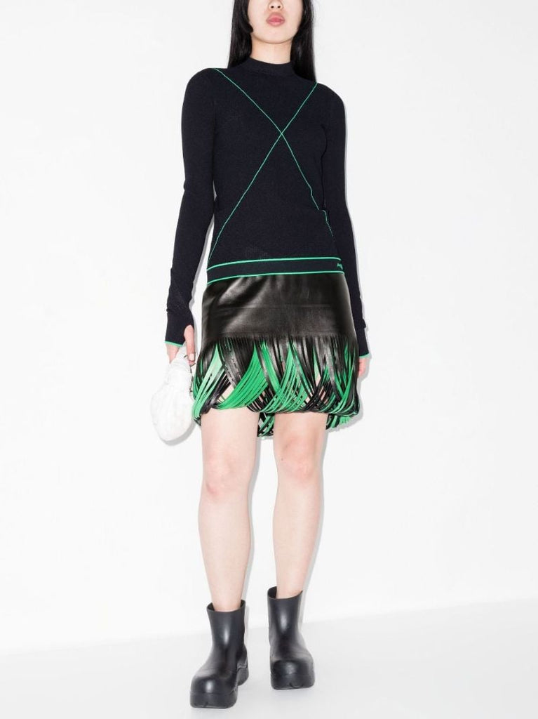 Black Loop Fringed Leather Mini Skirt