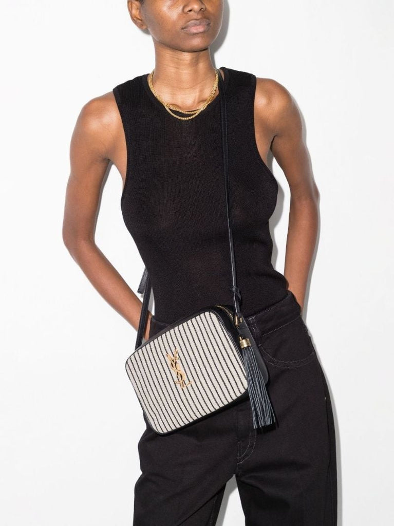 White and Black Lou Striped Canvas Camera Bag