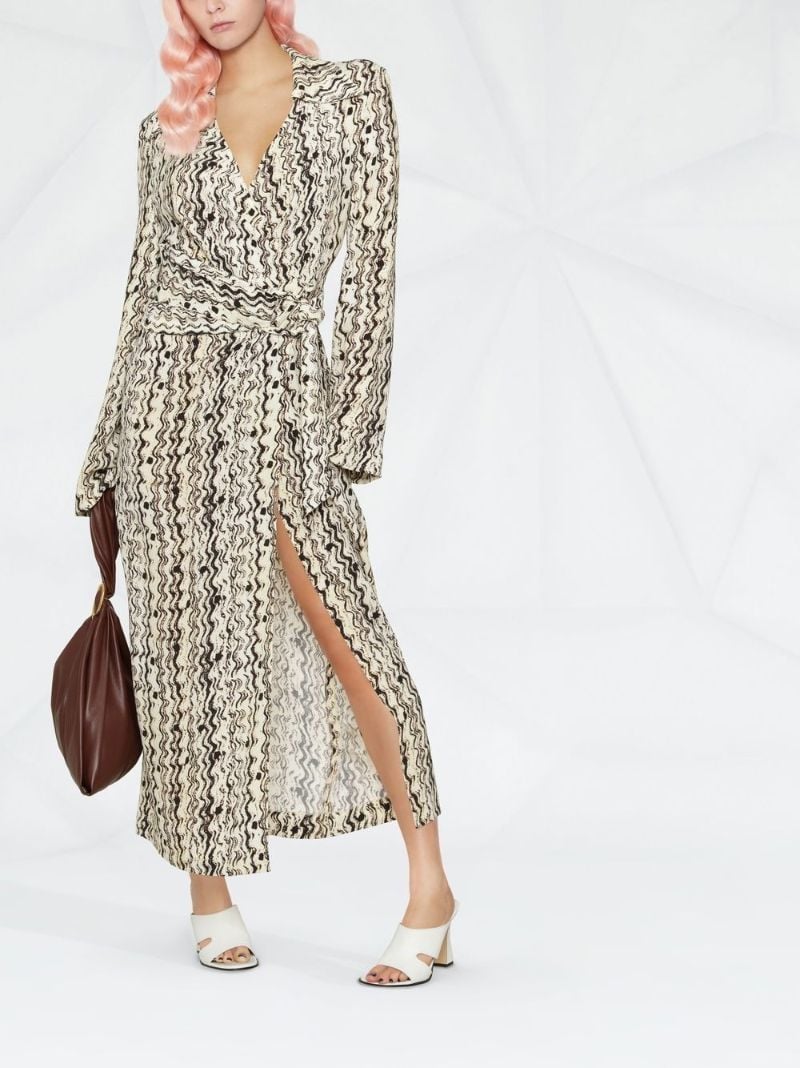 Neutral Wave Print Wrap Dress
