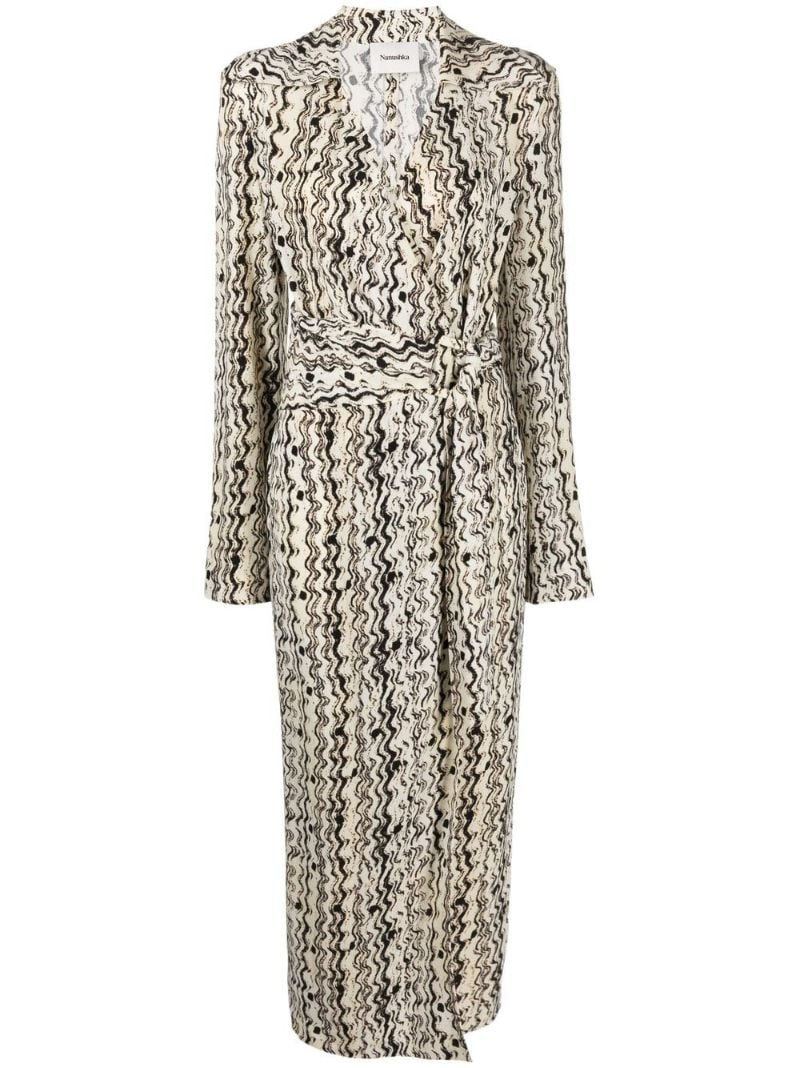 Neutral Wave Print Wrap Dress