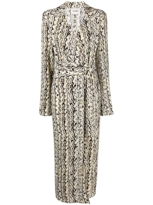 Neutral Wave Print Wrap Dress