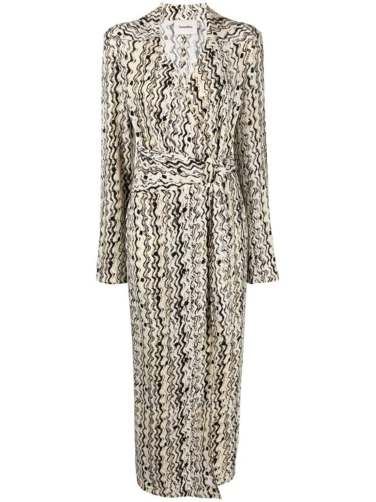 Neutral Wave Print Wrap Dress