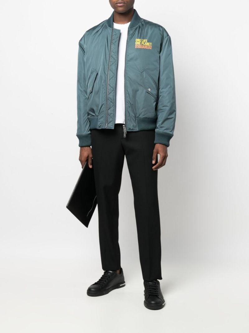 Blue Slogan Print Bomber Jacket