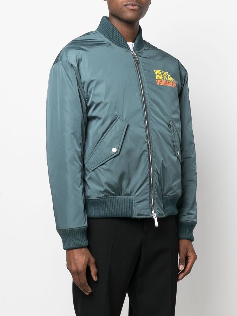 Blue Slogan Print Bomber Jacket