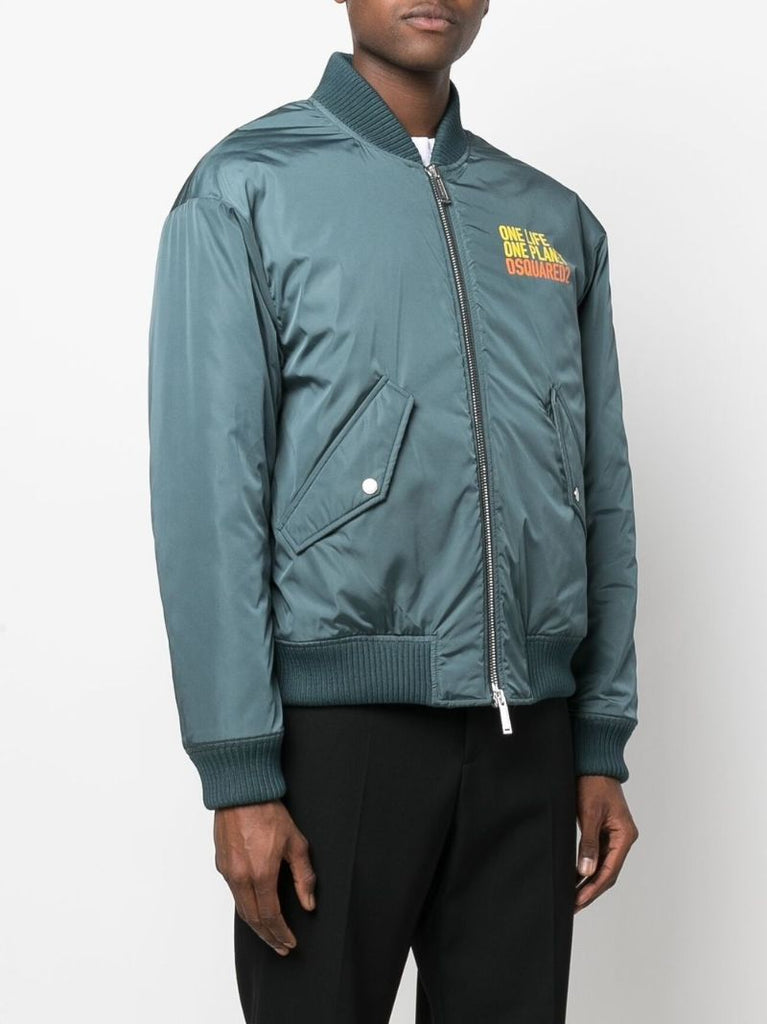 Blue Slogan Print Bomber Jacket