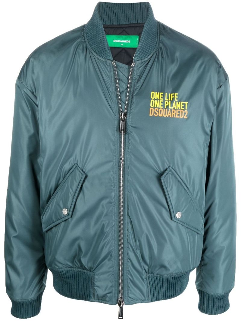 Blue Slogan Print Bomber Jacket