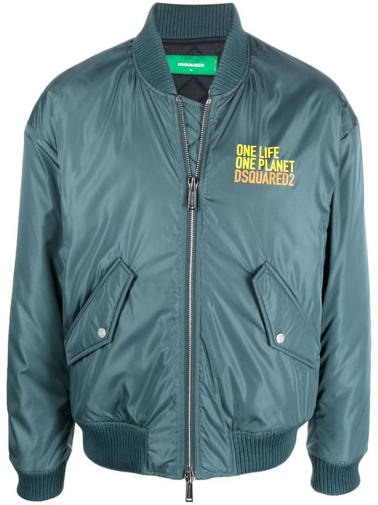 Blue Slogan Print Bomber Jacket
