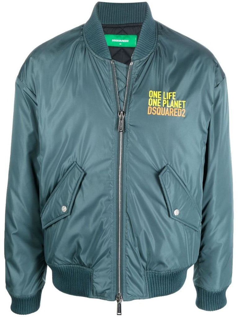 Blue Slogan Print Bomber Jacket